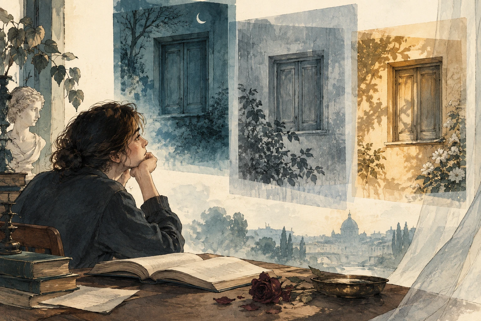 Libro e immagini evocative collegati da un percorso di lettura simbolica.