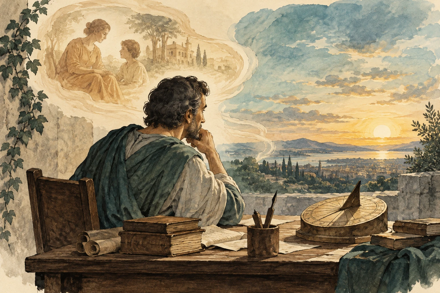Studioso adulto riflette fra libro, memoria e passaggio del tempo.