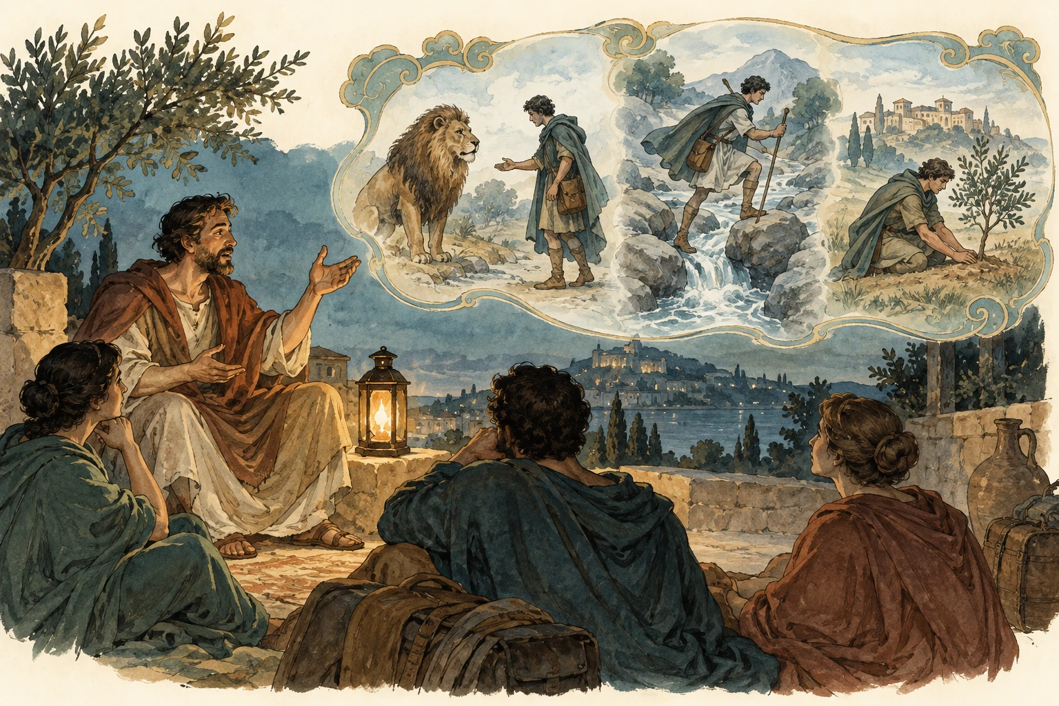 Narratore antico e viaggiatore illustrano un racconto inserito in un altro.
