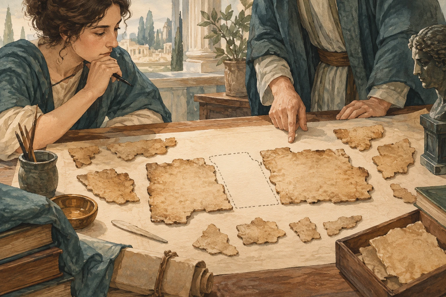 Frammenti di un manoscritto antico disposti con lacune visibili.