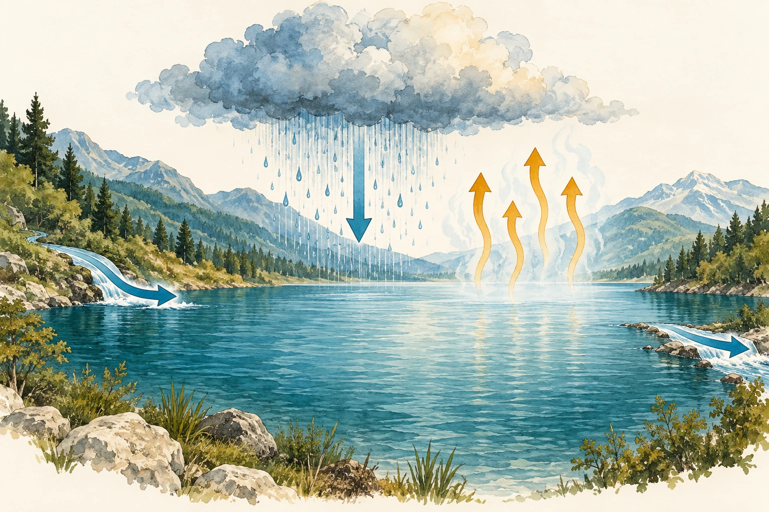 Acqua, aria e suolo collegati da frecce di scambio in un paesaggio.
