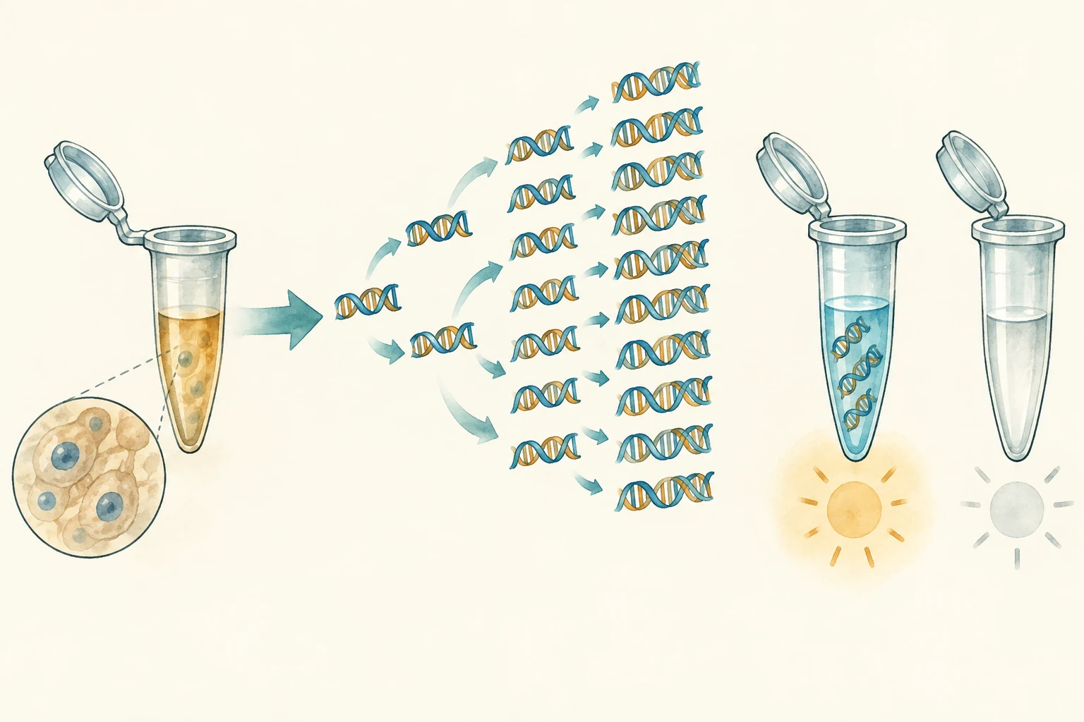 Amplificazione di DNA e controllo di campioni in un laboratorio schematico.