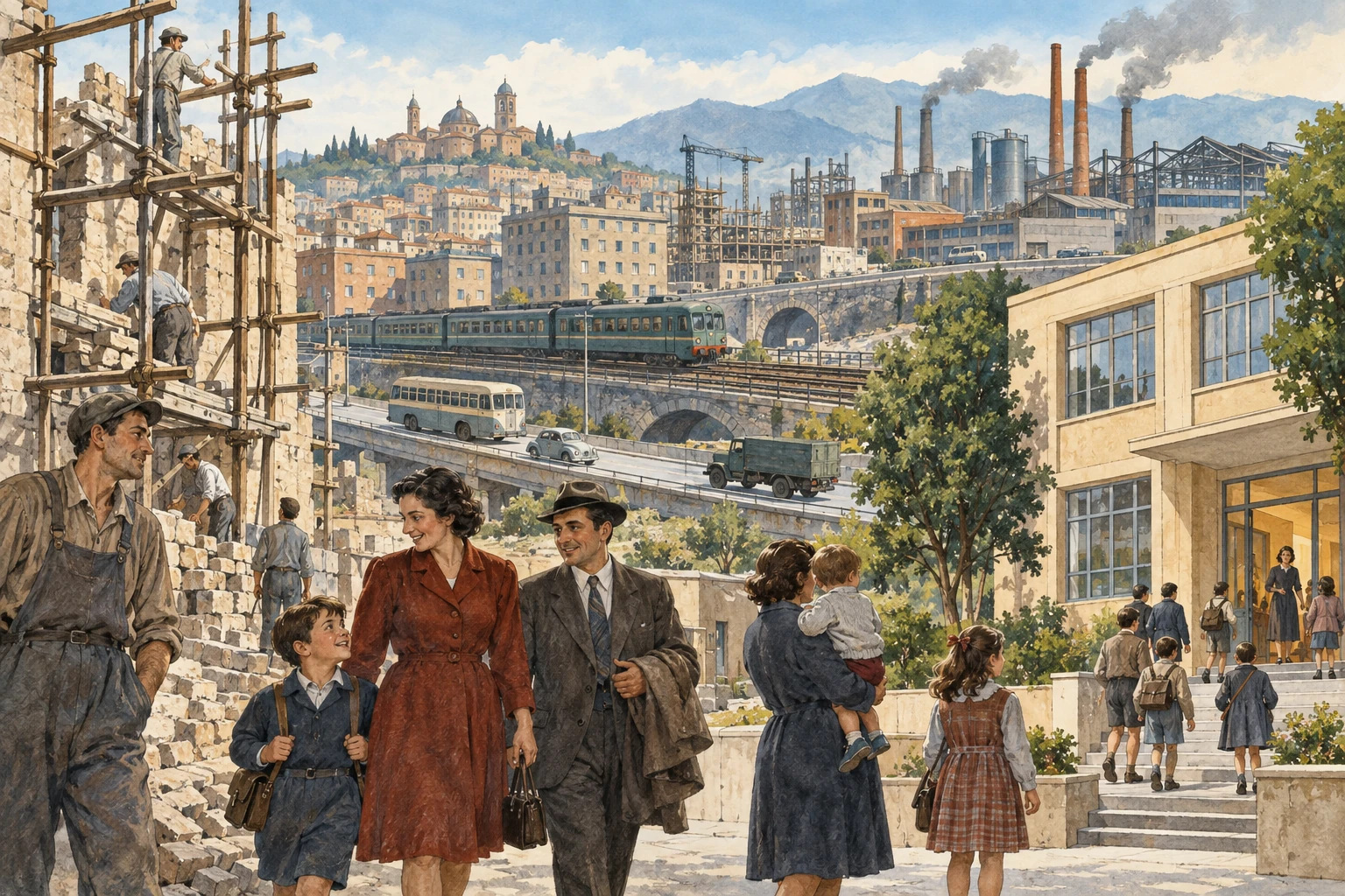 Città italiana del dopoguerra con industria, abitazioni e servizi.