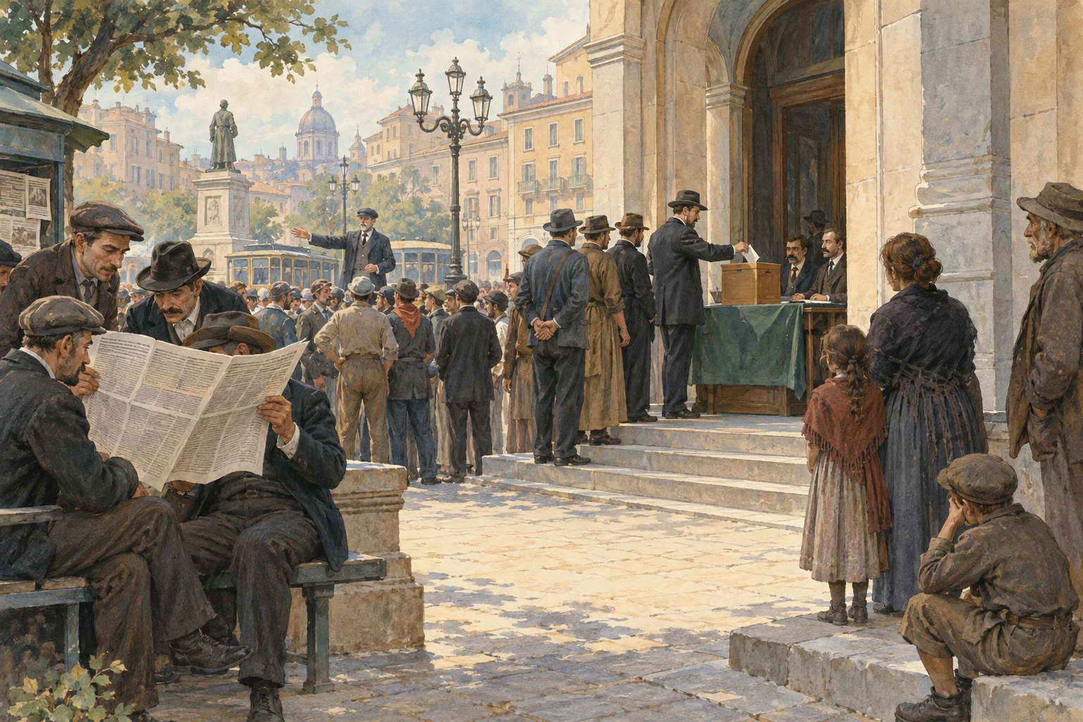Scena urbana italiana del primo Novecento con folla, fabbrica e giornali.