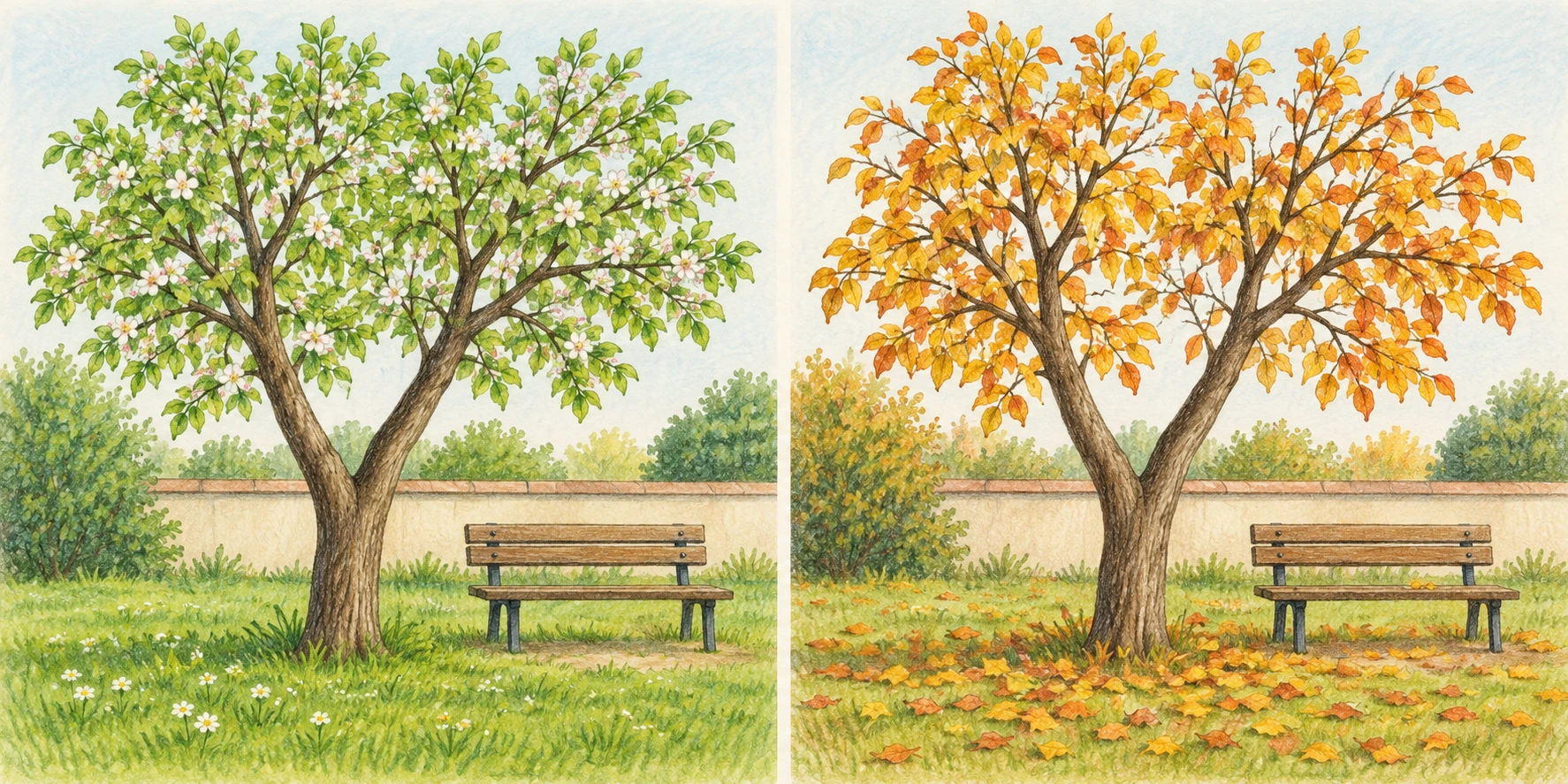Due viste dello stesso albero biforcato e della stessa panchina: foglie verdi e fiori nella prima, foglie gialle e arancioni nella seconda.