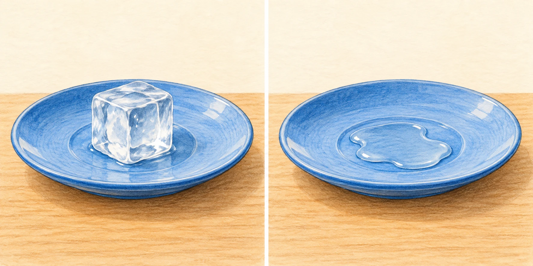 Due piattini blu uguali: prima un cubetto di ghiaccio, poi acqua liquida.