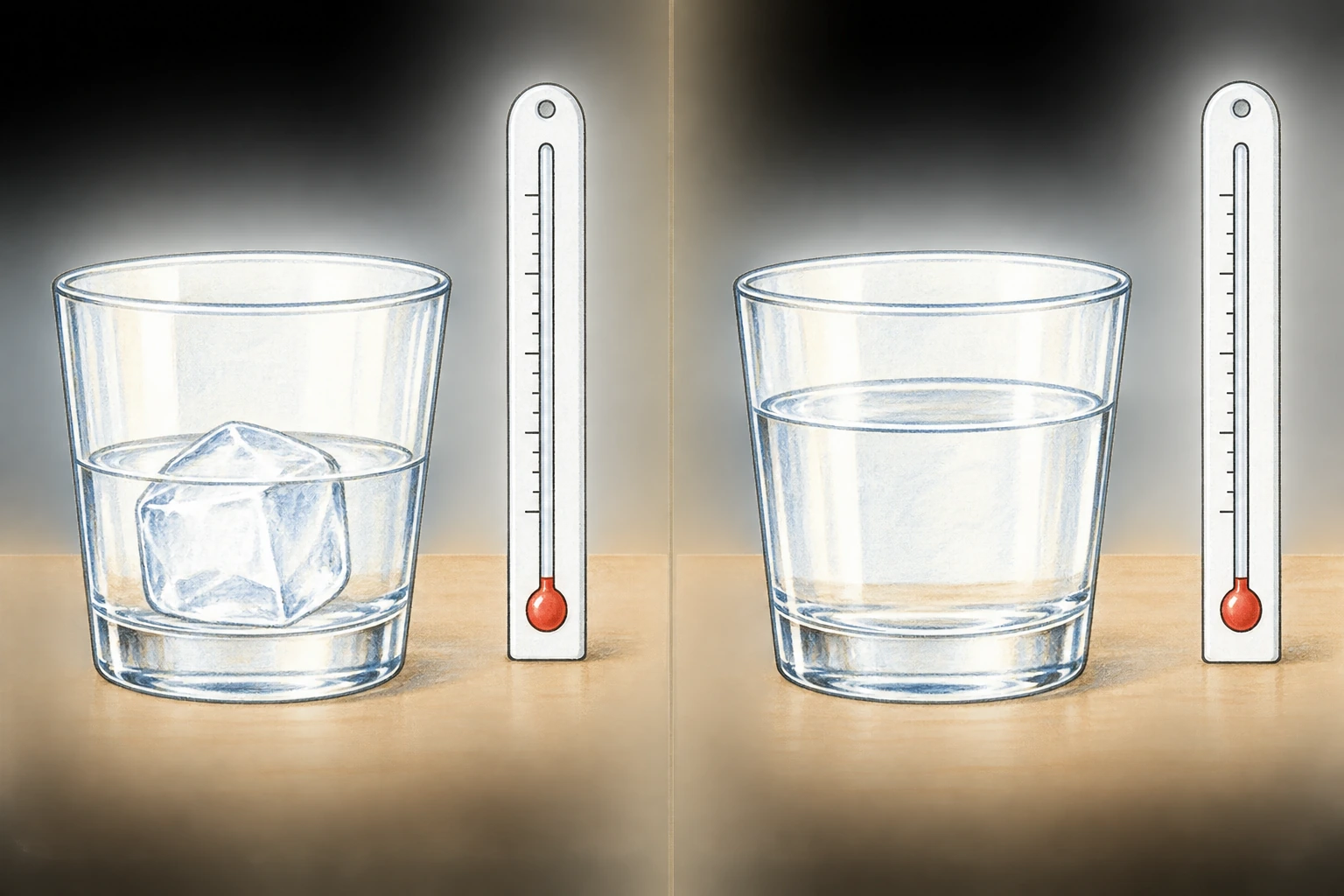 Due bicchieri: nel primo acqua con cubetto di ghiaccio, nel secondo solo acqua; termometri senza numeri leggibili.