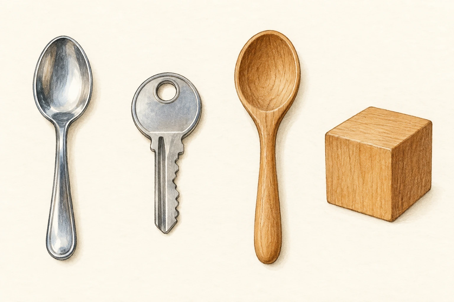 Cucchiaio e chiave di metallo; cucchiaio e cubo di legno, separati su fondo chiaro.
