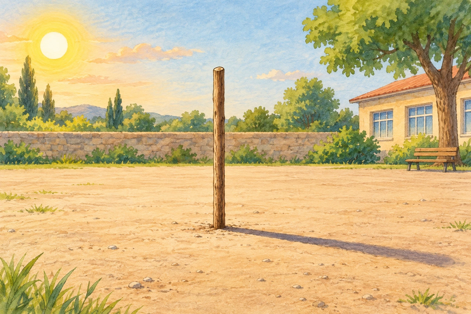 Bastone verticale nel cortile; luce solare da sinistra e ombra del bastone allungata sul terreno verso destra.