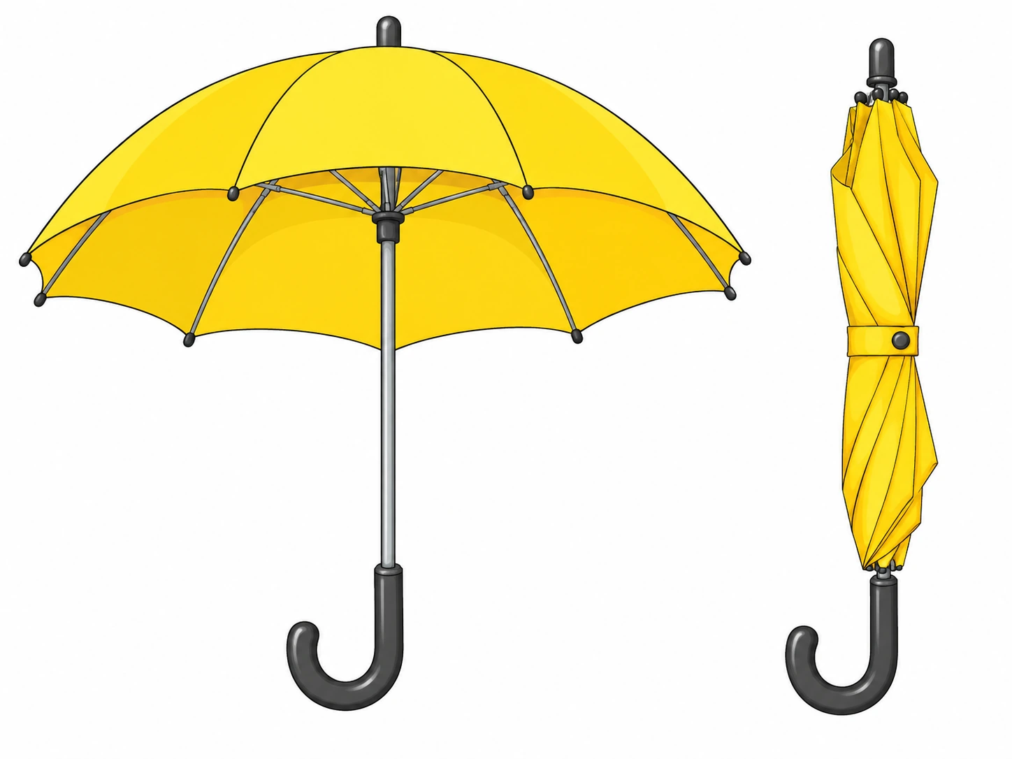 Ombrello giallo aperto e chiuso: copertura, aste, fusto e manico curvo visibili.