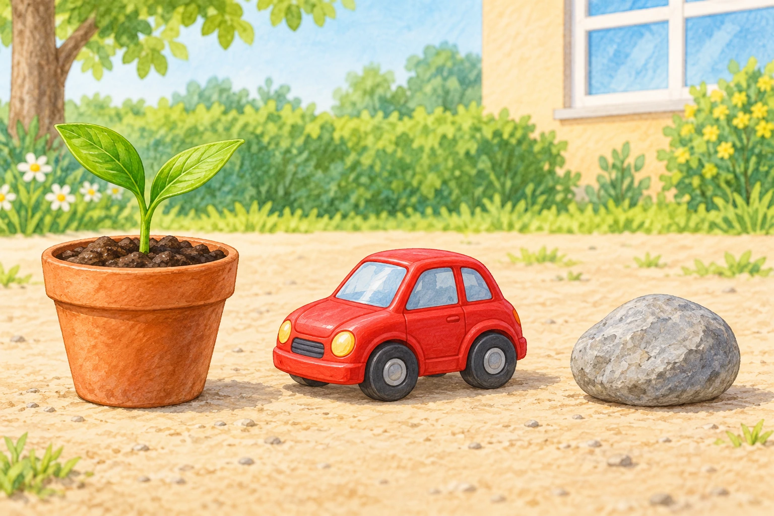 Una piantina in vaso con due foglie, un'auto giocattolo rossa e un sasso grigio, separati in giardino.
