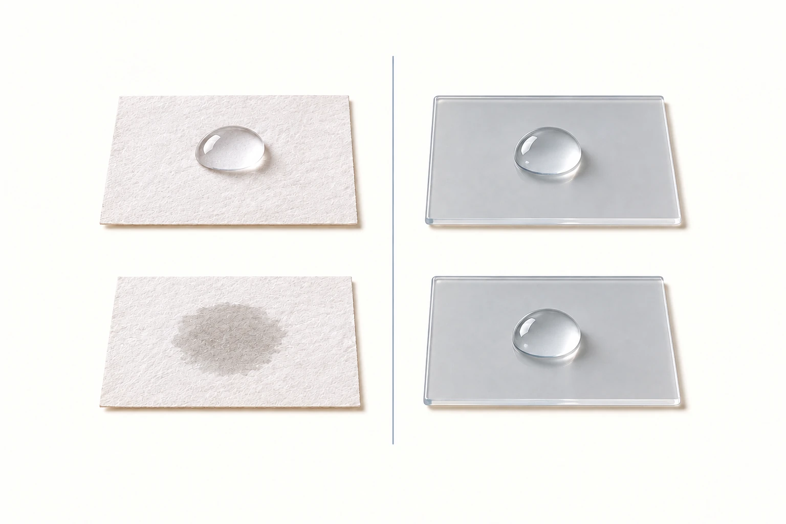 Due campioni uguali di carta e plastica con una goccia della stessa misura, prima e dopo.