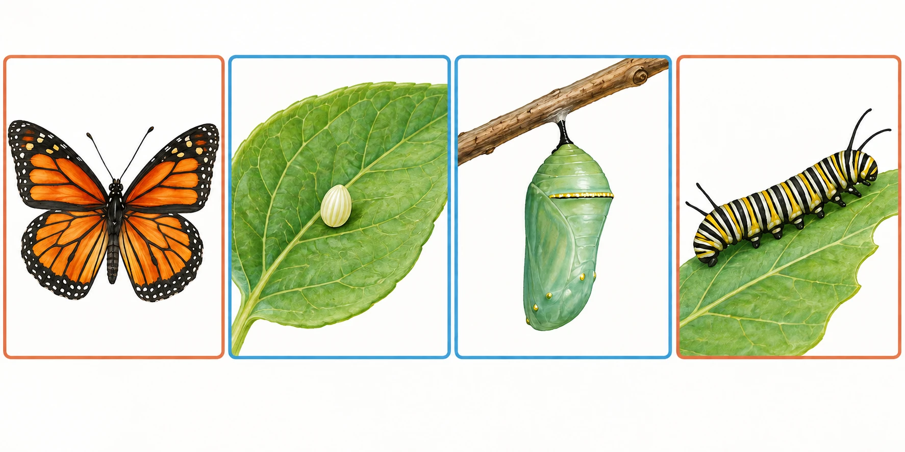 Quattro disegni naturalistici delle fasi, disposti in ordine mescolato, senza frecce.