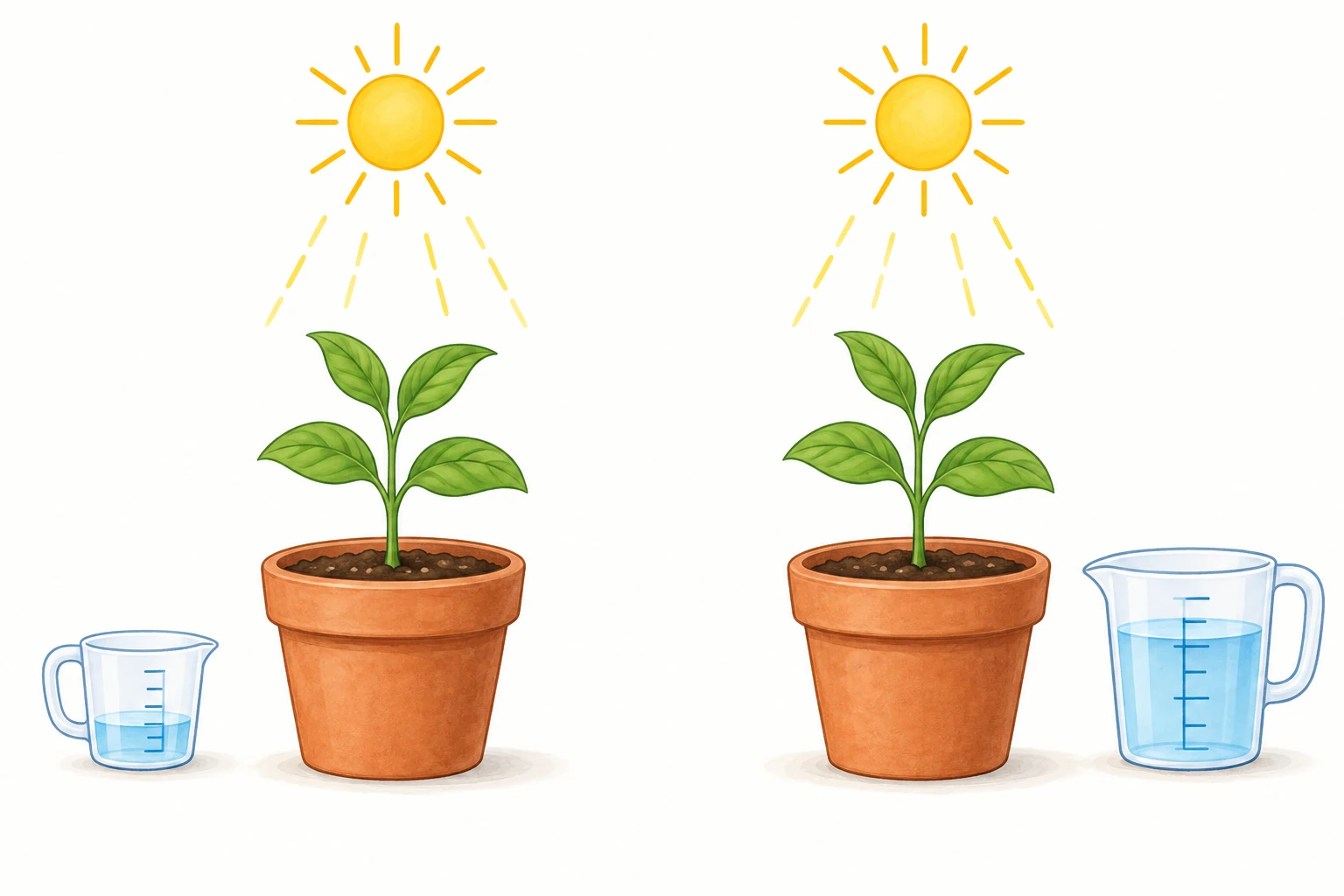 Due vasi gemelli con icone di luce uguali e quantità d'acqua diverse, senza esito disegnato.