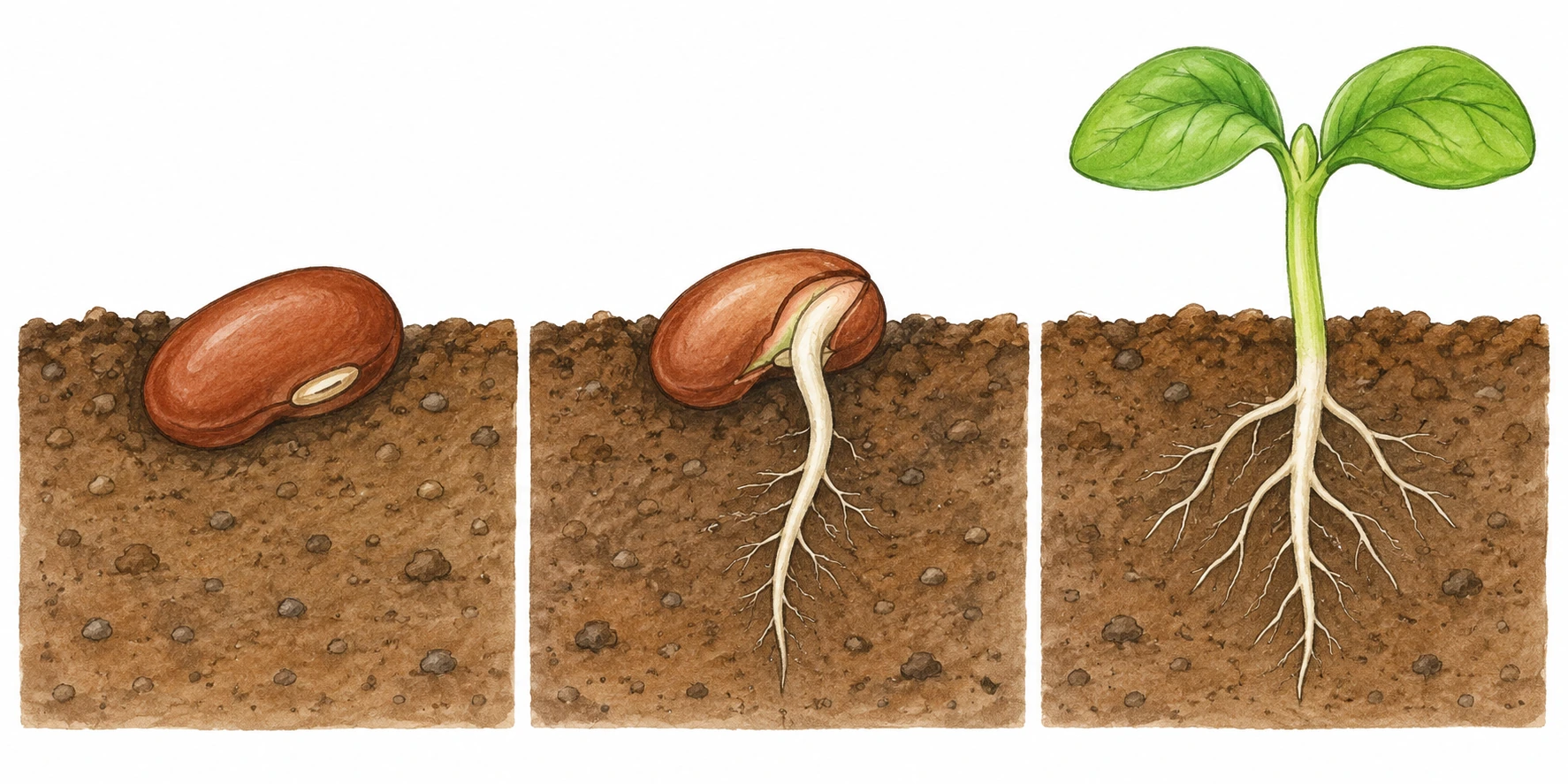 Tre scene illustrate: seme, radice sotto terra, germoglio con foglie sopra.