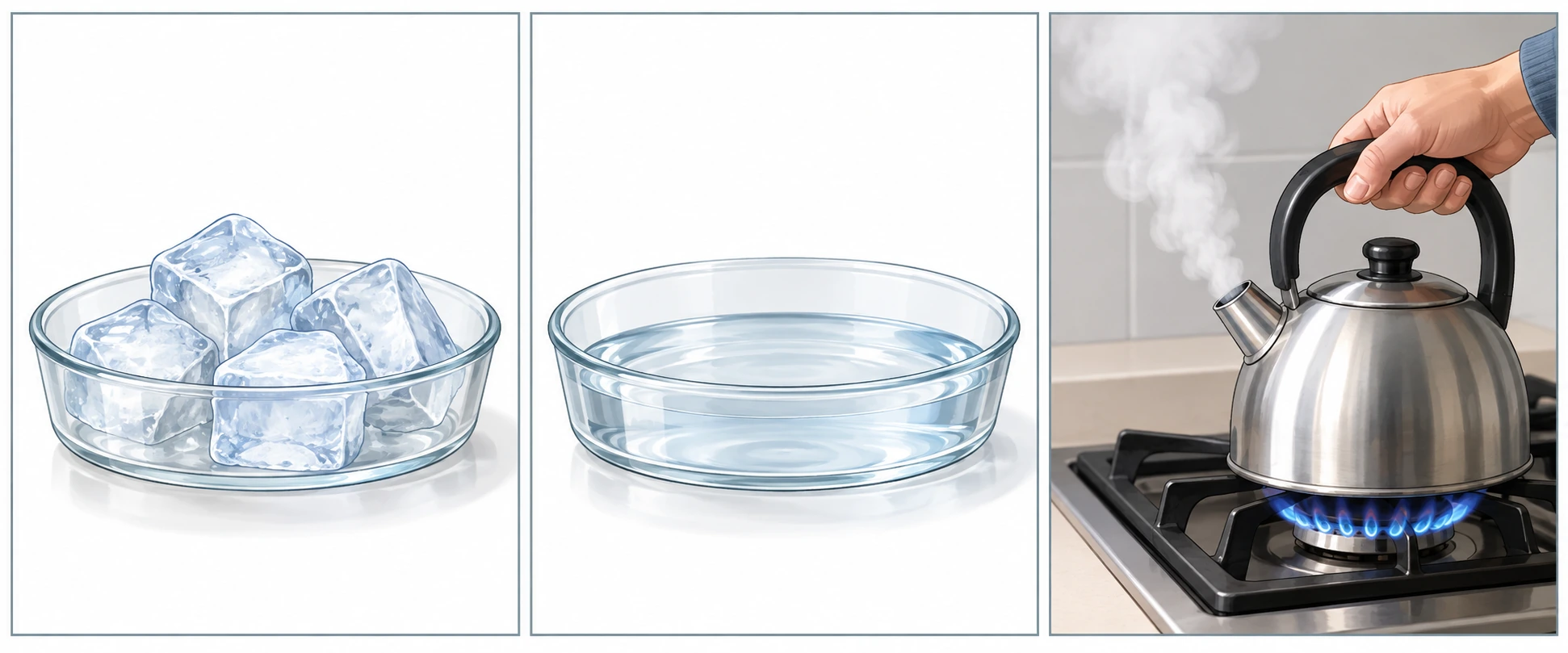 Tre scene: cubetti di ghiaccio, acqua liquida, bollitore caldo con nube bianca di goccioline.
