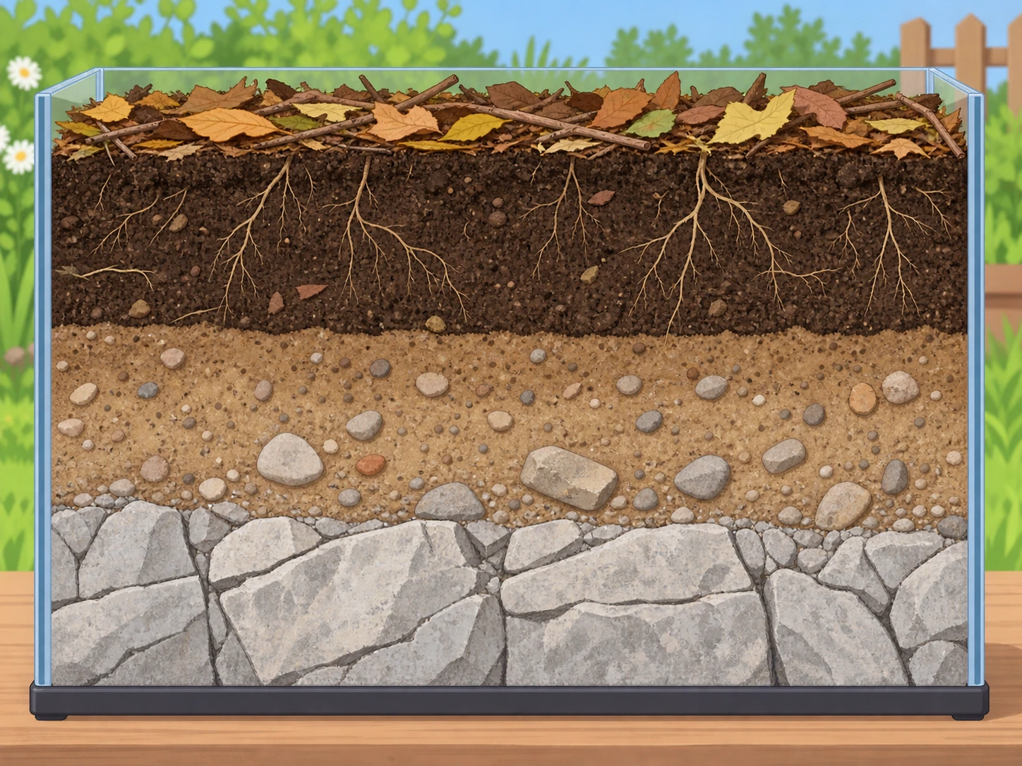 Sezione di suolo illustrato: foglie in alto, terra scura con radici, terra chiara con sassi e roccia in basso.