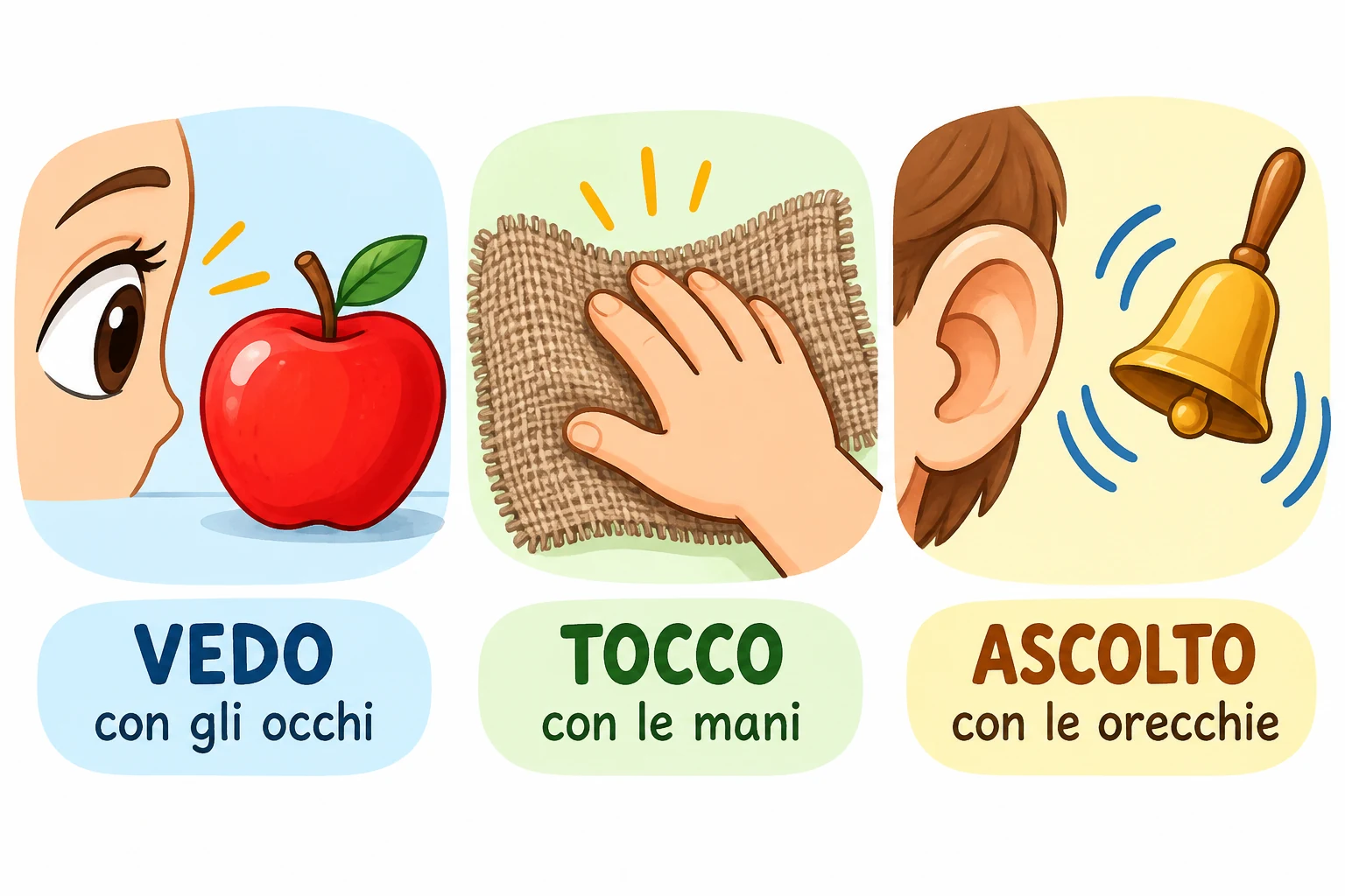 Tre scene: occhio con mela rossa, mano con stoffa ruvida, orecchio con campanella.
