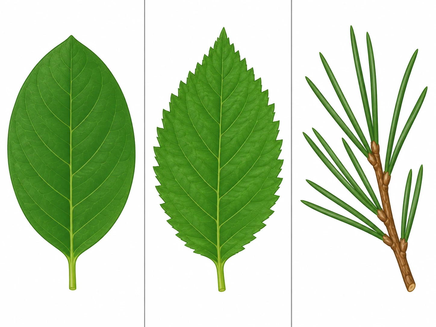Tre campioni botanici: foglia larga liscia a sinistra, foglia larga dentata al centro e rametto con aghi a destra.