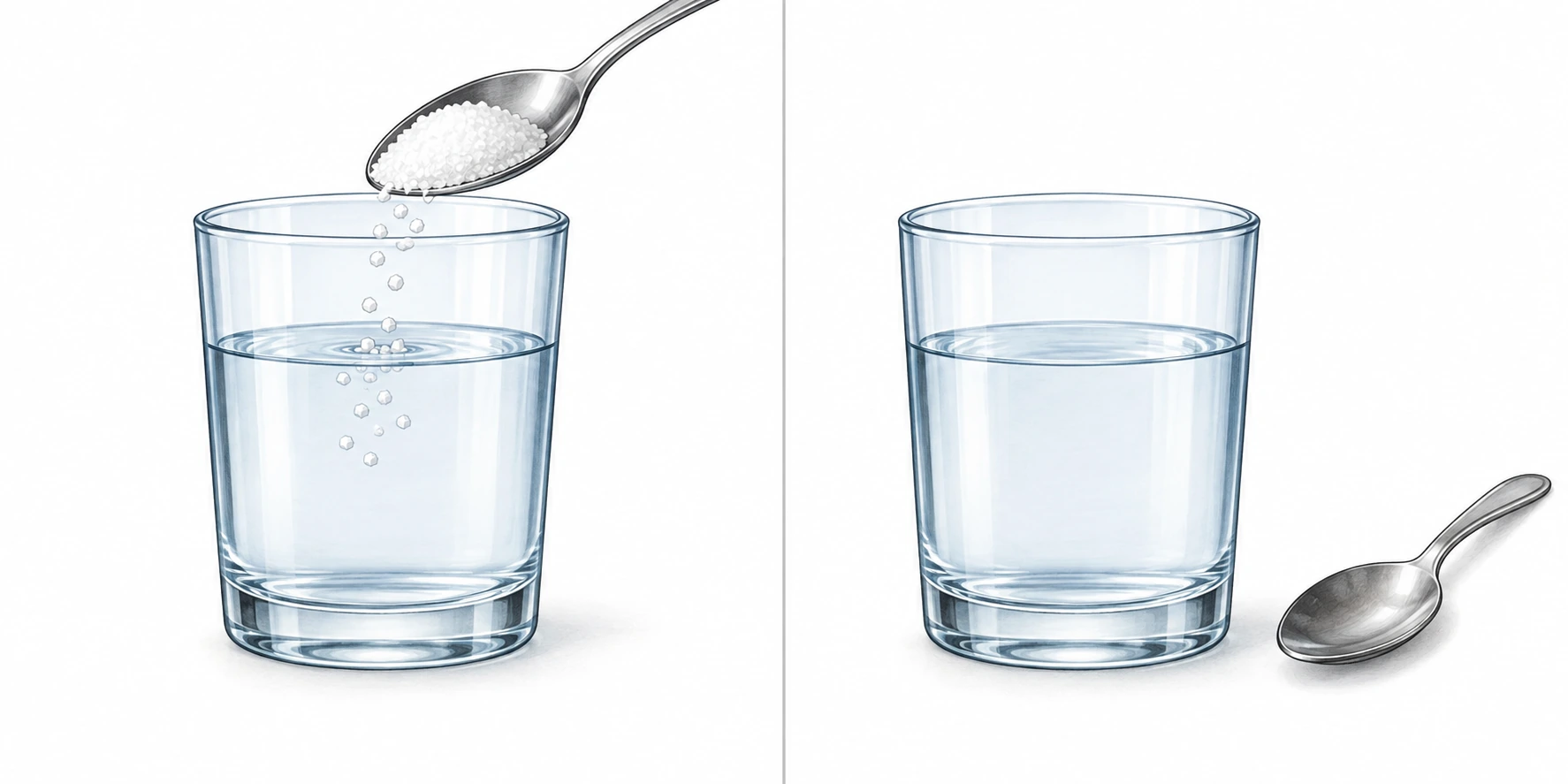 Due momenti dello stesso esempio: zucchero entra nell'acqua; dopo mescolamento il liquido appare limpido.