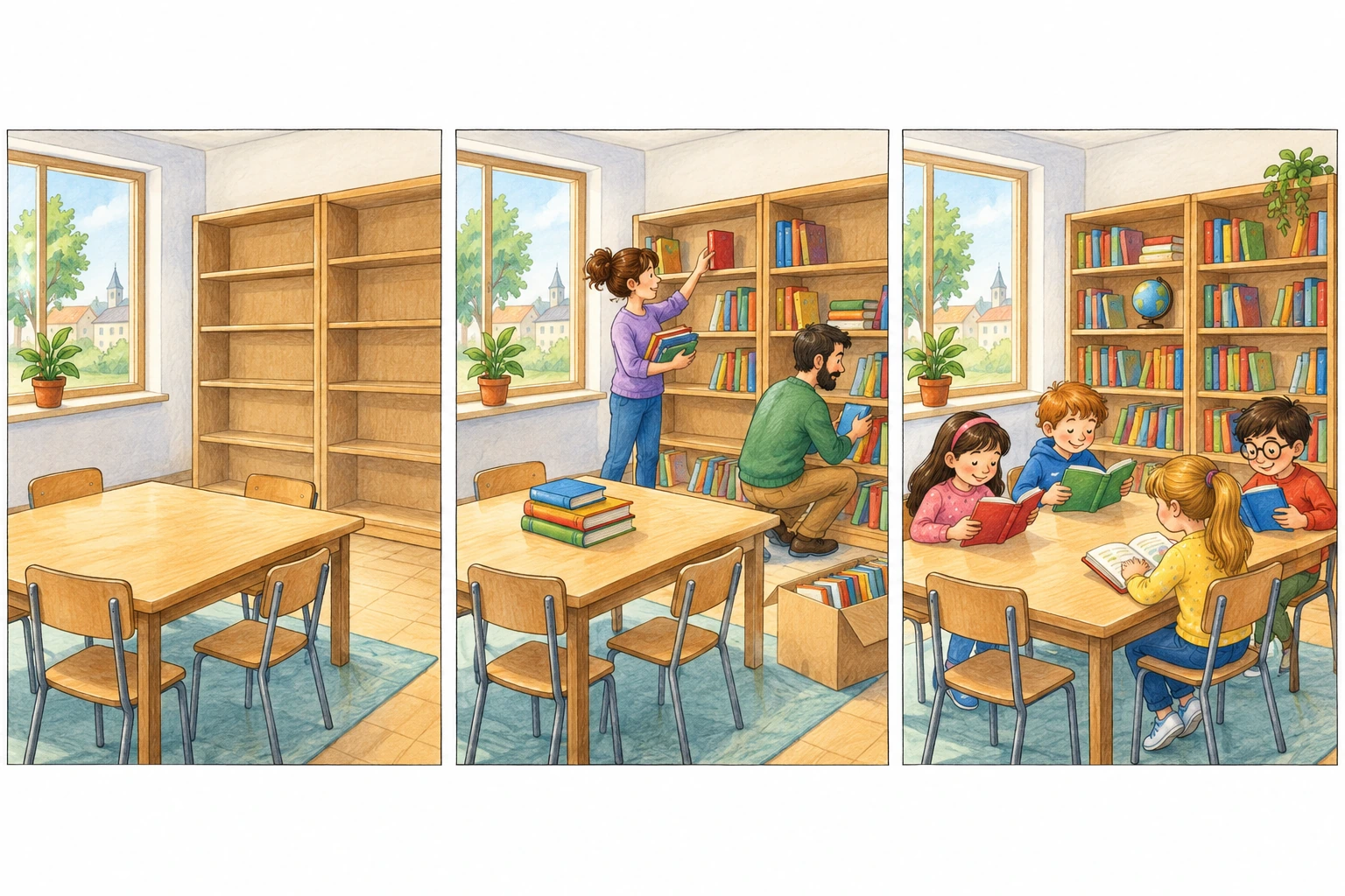 Tre pannelli della stessa biblioteca inventata: scaffali vuoti, adulti che mettono libri, quattro bambini che leggono.
