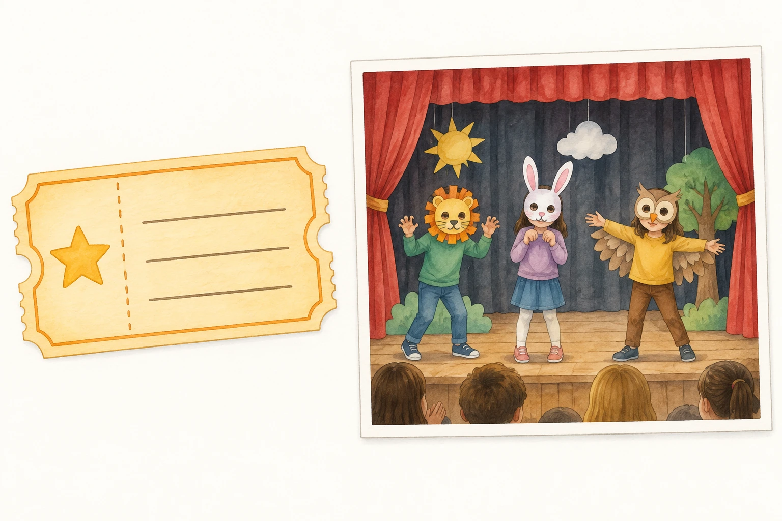 Biglietto inventato con stella e righe vuote accanto a scena incorniciata con tre bambini in maschera sul palco.