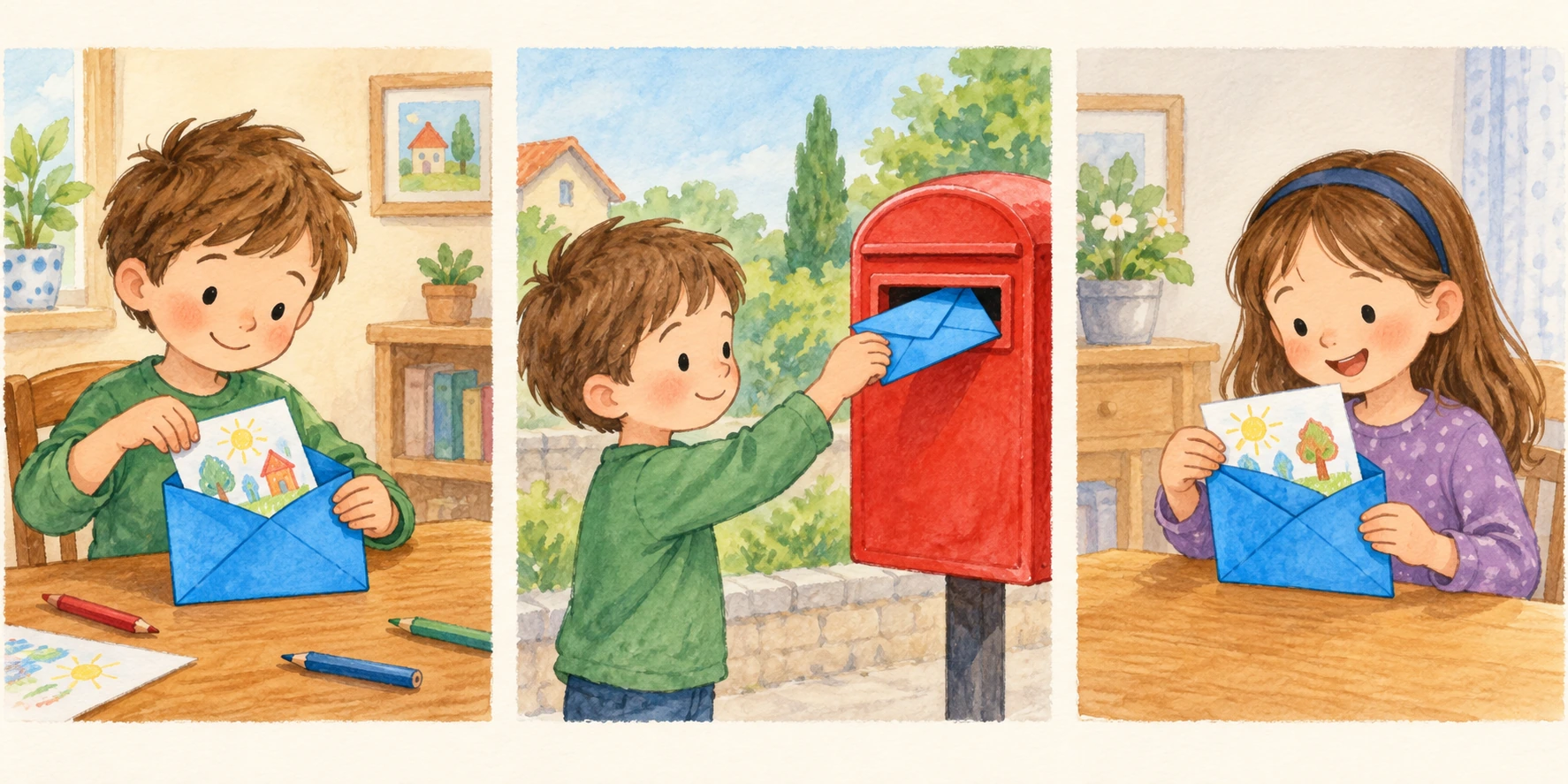 Tre scene: un bambino mette un disegno in una busta blu, la imbuca e una bambina la riceve.