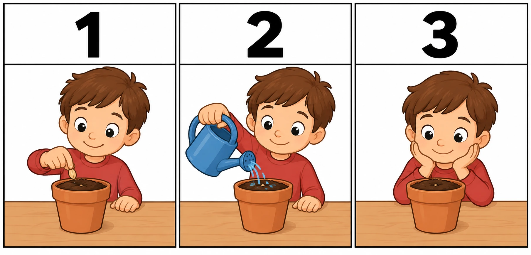 Tre caselle 1, 2, 3: semina, annaffiatura e osservazione del vaso.