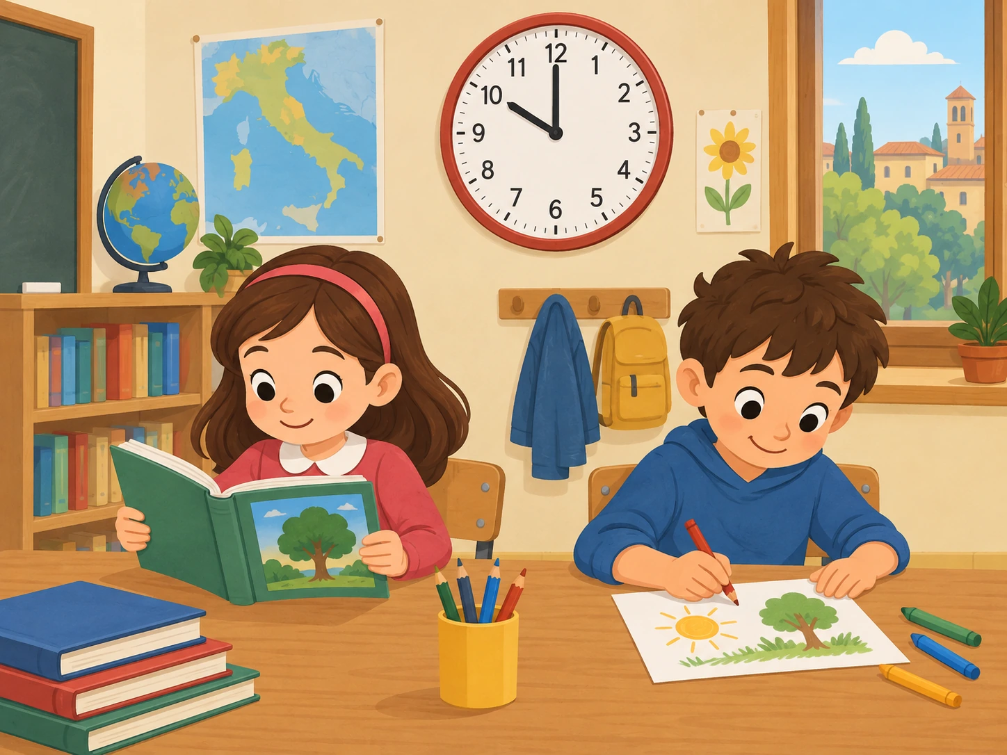 Un momento alle dieci: bambina che legge e bambino che disegna nello stesso aula.
