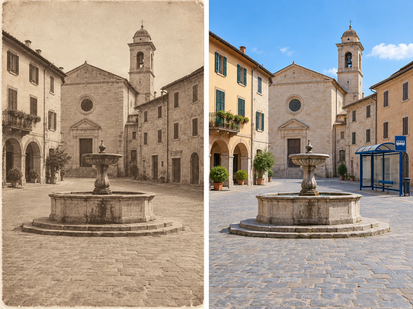 Due ricostruzioni didattiche di una piazza: fontana e chiesa stabili, fermata blu raffigurata solo a destra.