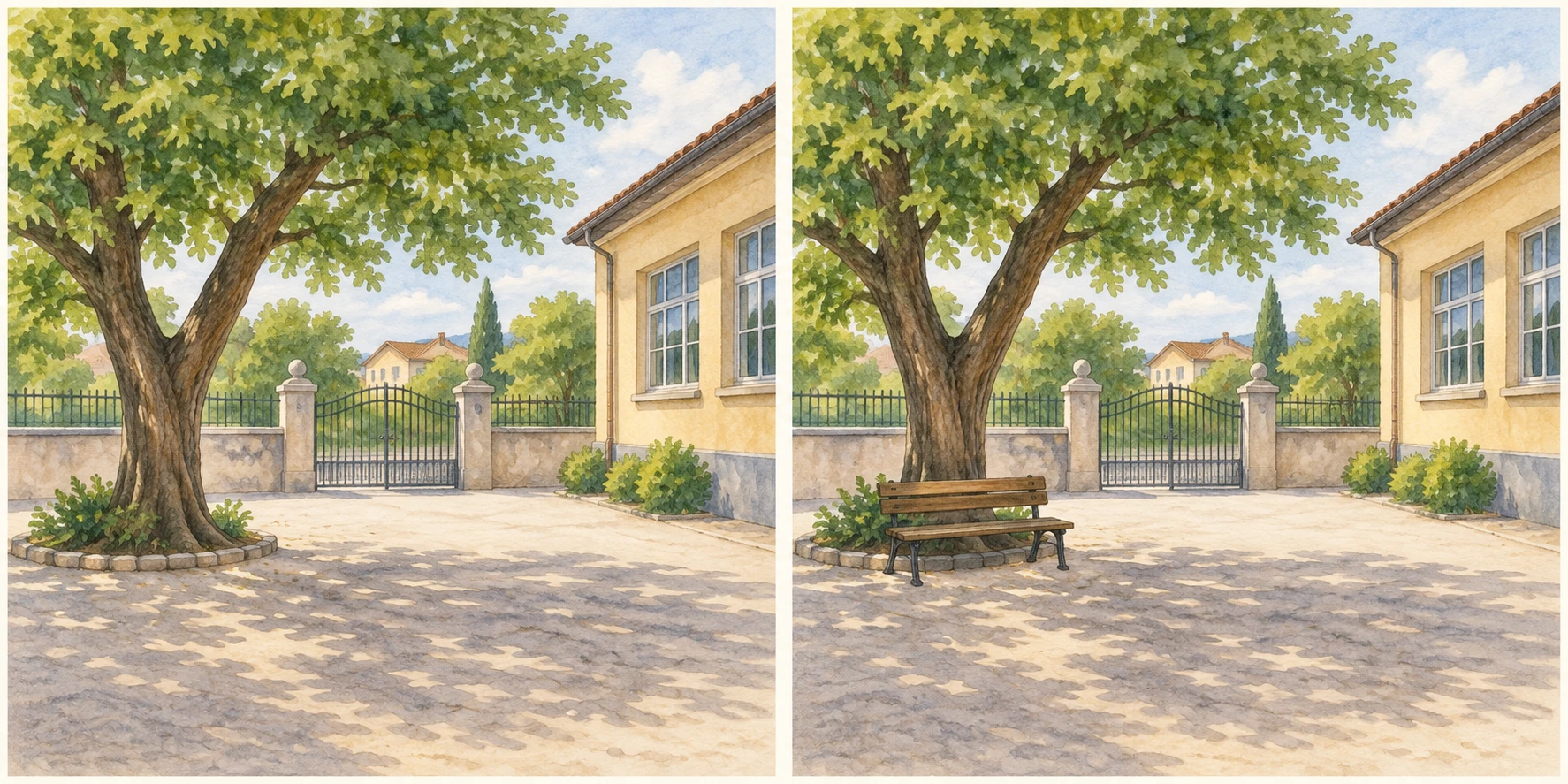 Due vedute dello stesso cortile: la seconda aggiunge una panchina sotto l'albero.