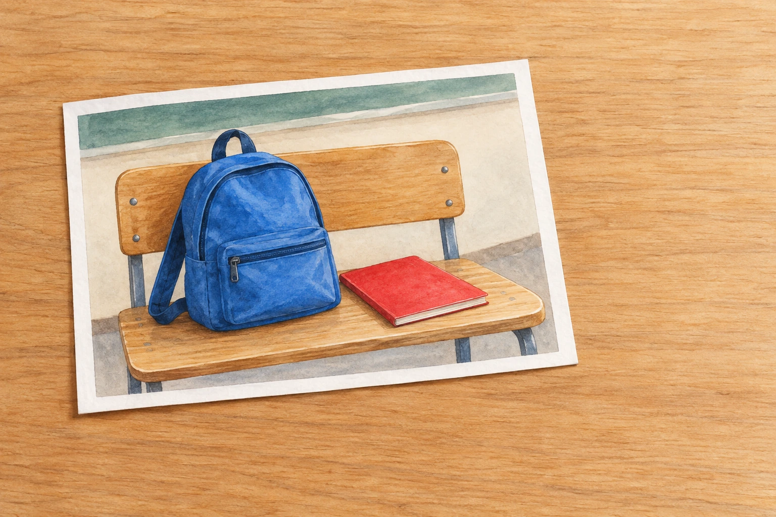Fotografia illustrata posata su un tavolo: al suo interno, zaino blu e quaderno rosso su una panchina.