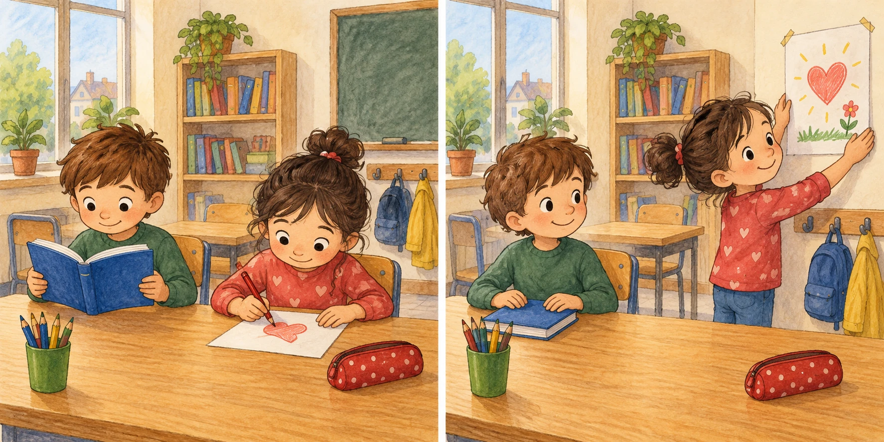 Prima Luca legge mentre Ada disegna; poi Ada espone il disegno e il libro è chiuso.