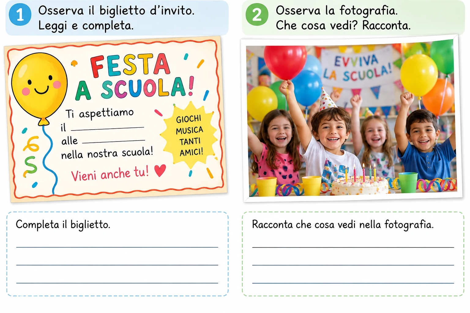 Caso inventato: biglietto che annuncia una festa e fotografia rappresentata con bambini e palloncini.