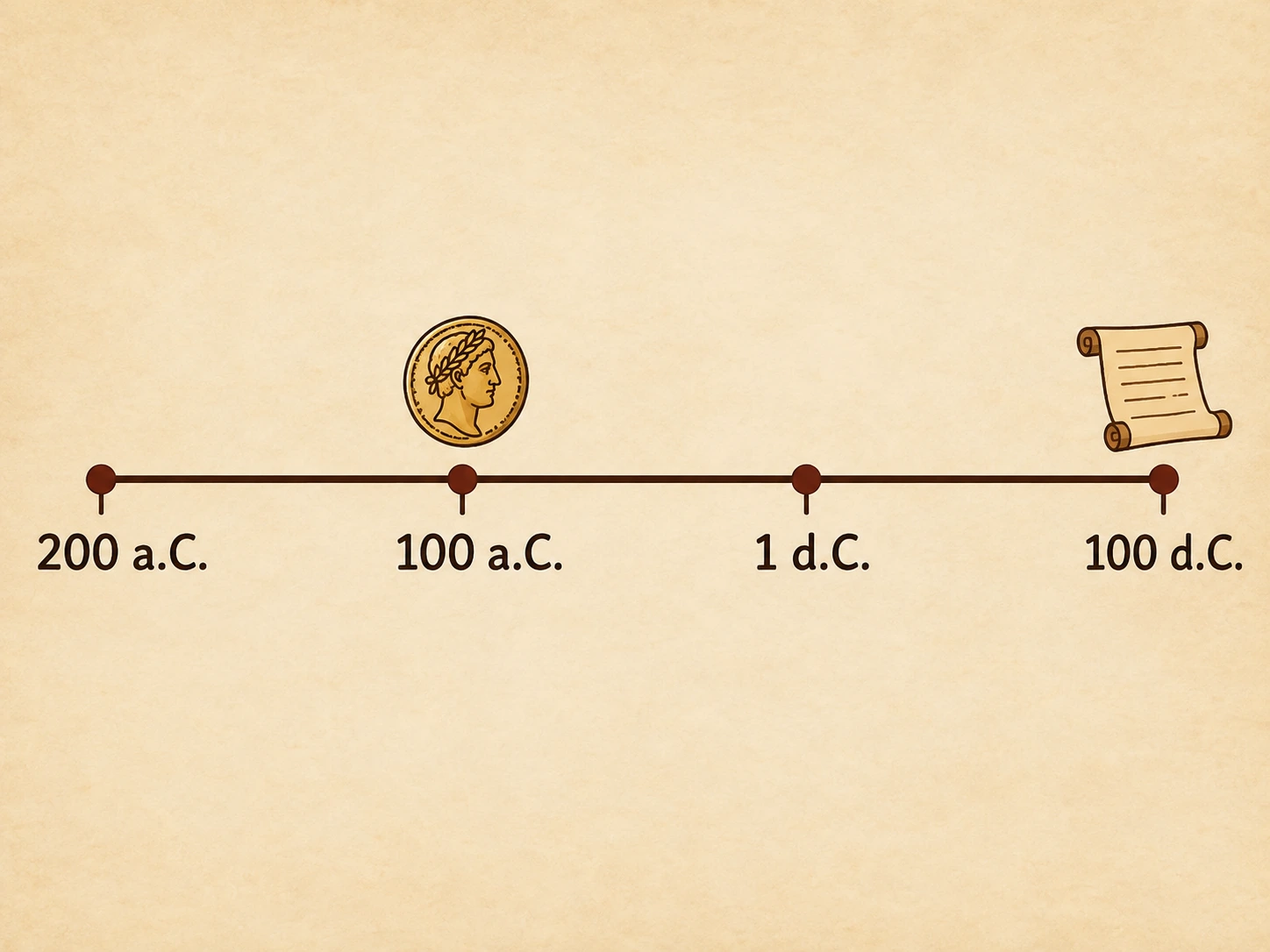 Linea del tempo didattica: 200 a.C., 100 a.C., 1 d.C. e 100 d.C.; moneta e rotolo sono simboli illustrati.
