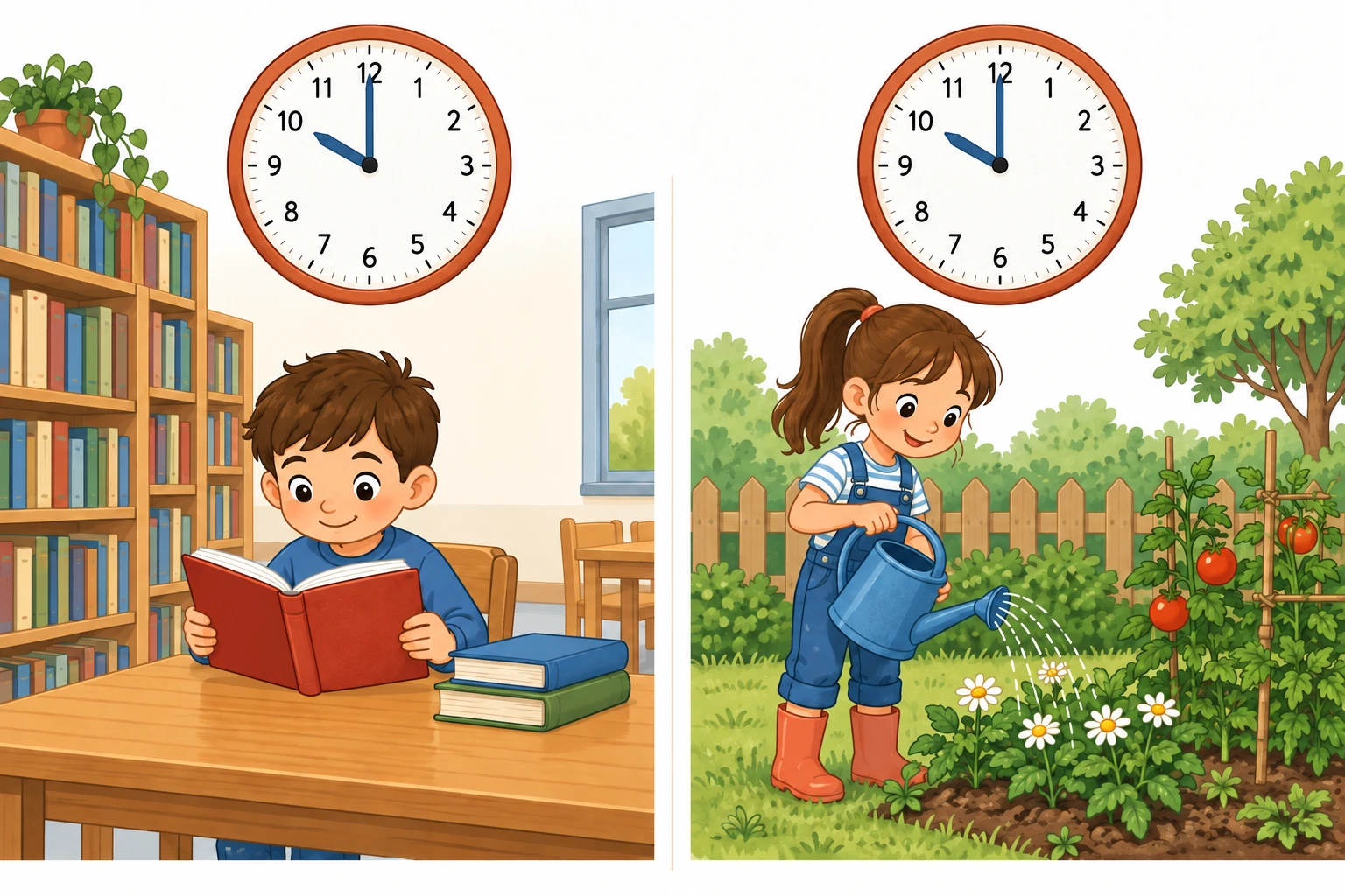 Due orologi che segnano la stessa ora accanto a scene diverse, senza frecce d'ordine.