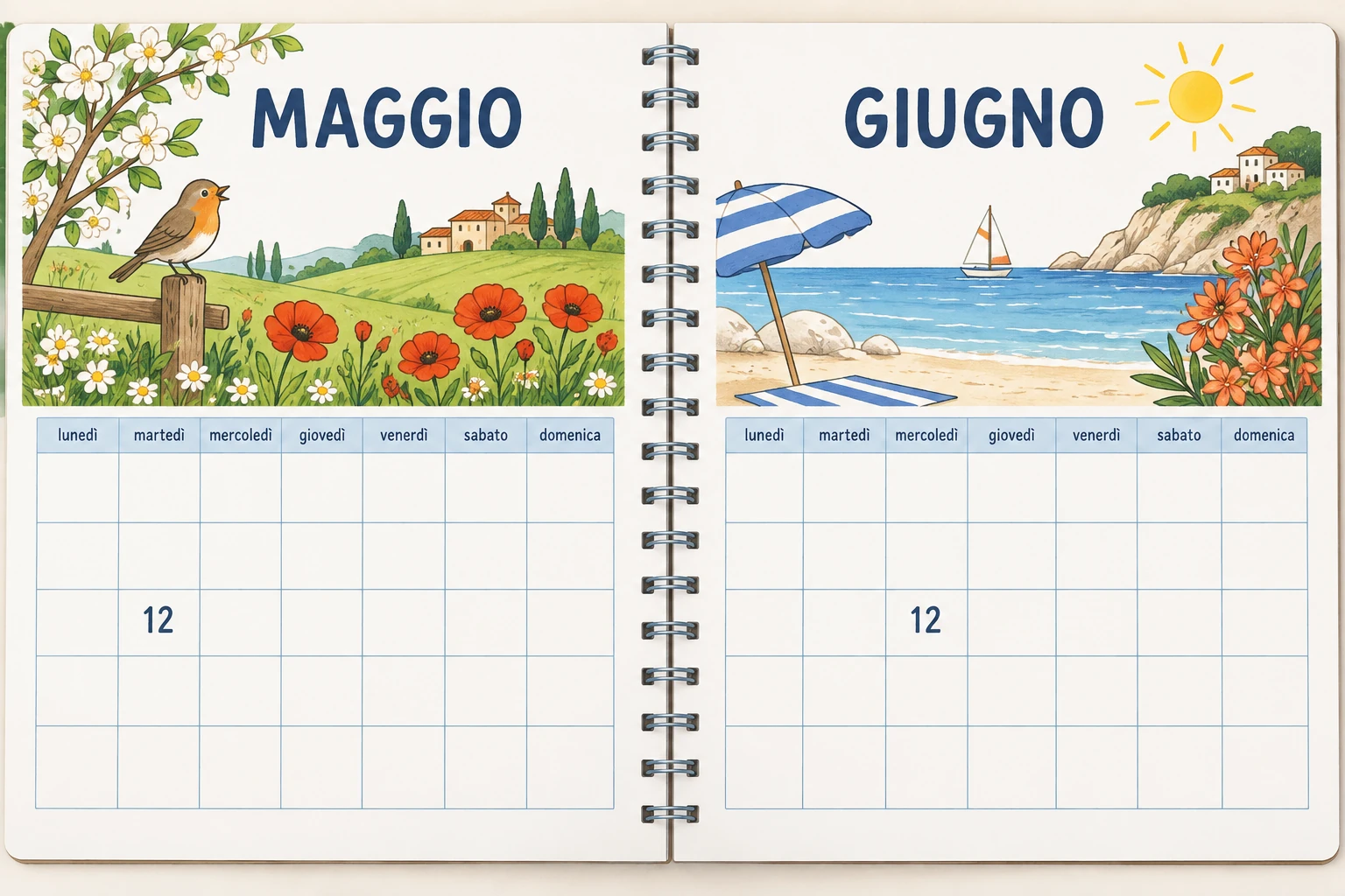 Un calendario aperto su maggio e giugno con il numero 12 presente in entrambi.