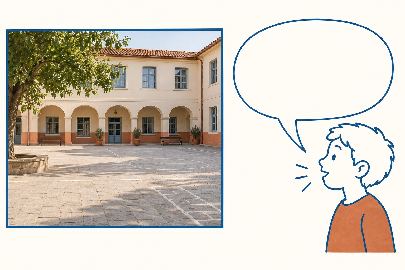 Foto di un cortile con cornice visibile e fumetto di testimonianza distinto.