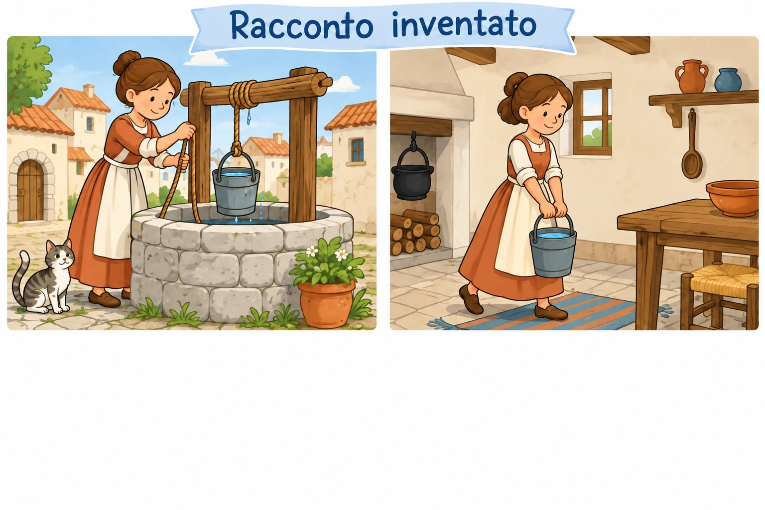 Due scene narrative coerenti, pozzo e cucina, con etichetta «racconto inventato».