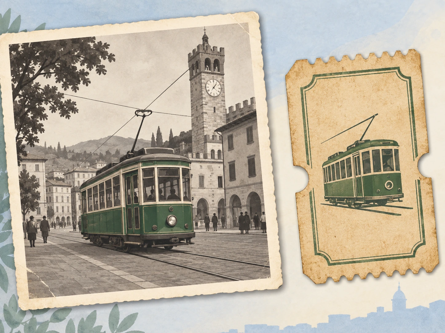 Due modelli didattici, non fonti autentiche: tram verde presso torre con orologio e biglietto illustrato con tram.