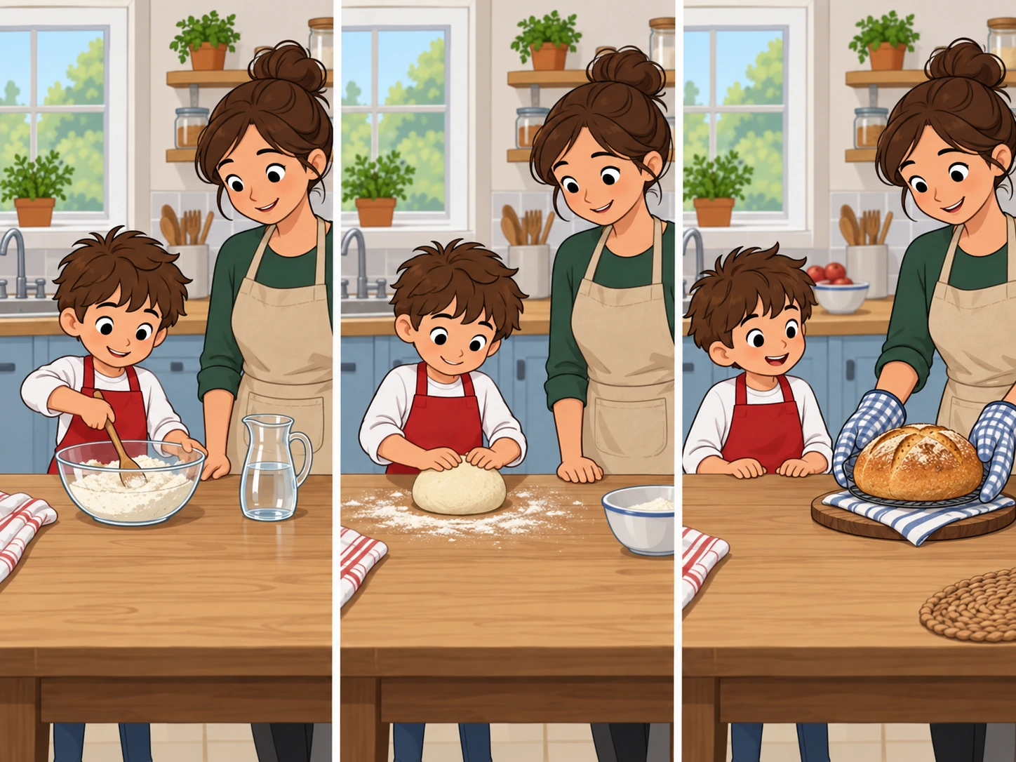 Tre vignette inventate nella stessa cucina: il bambino mescola, modella impasto e osserva l'adulta con pane cotto.