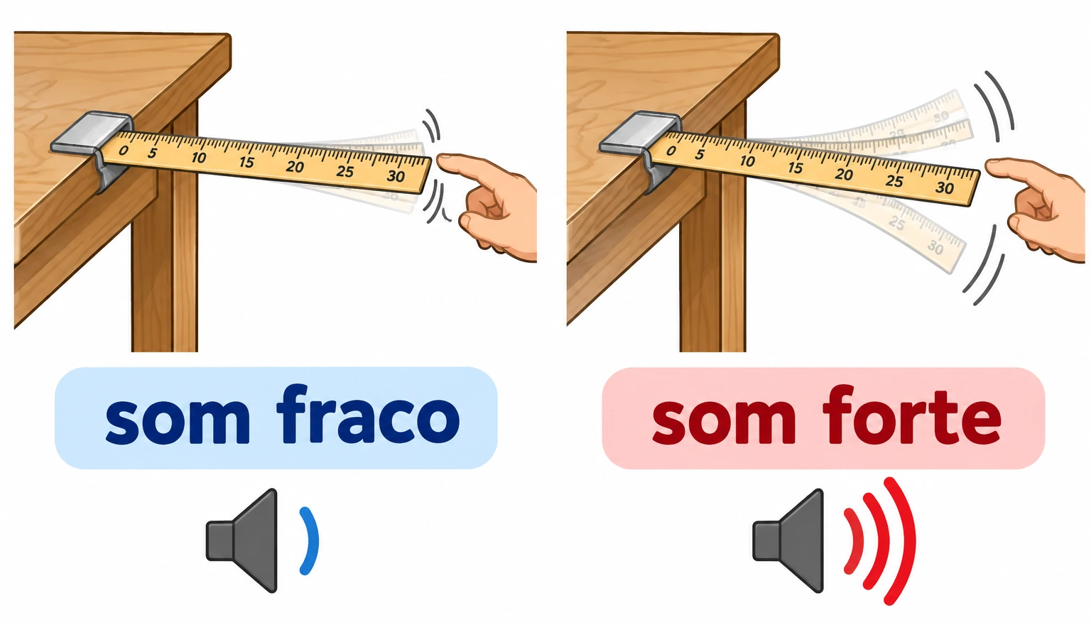 Réguas presas à mesa vibram: movimento pequeno associado a som fraco e movimento maior a som forte.