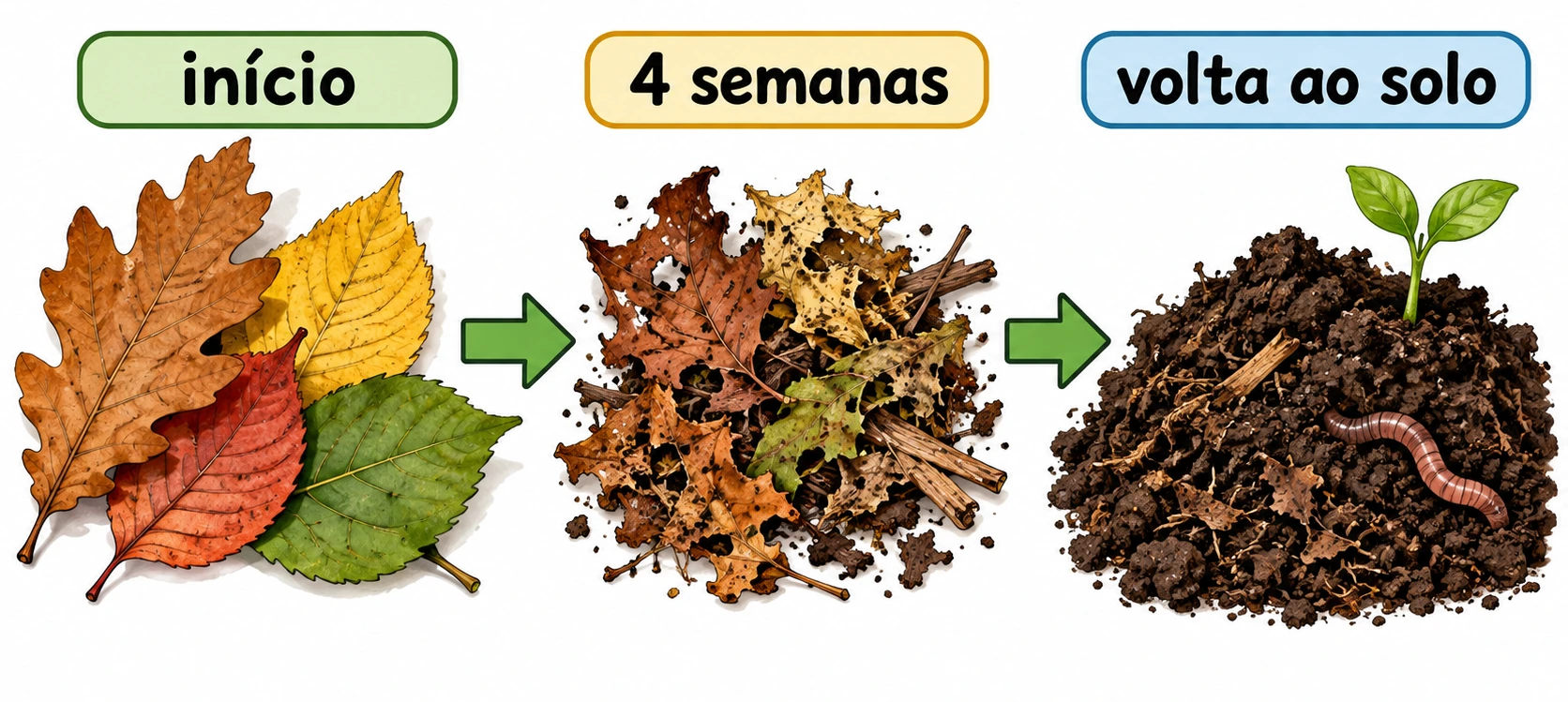 Folhas no início, restos após quatro semanas e matéria no solo com minhoca e planta; setas ligam as três etapas.