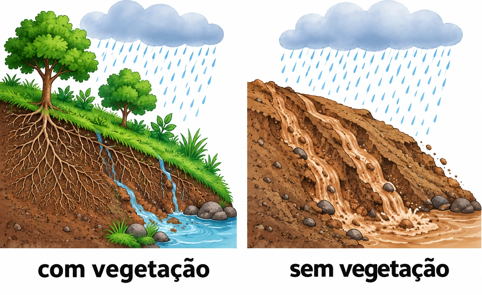 Duas encostas sob chuva, com e sem vegetação: raízes e infiltração à esquerda, escoamento com sedimentos à direita.