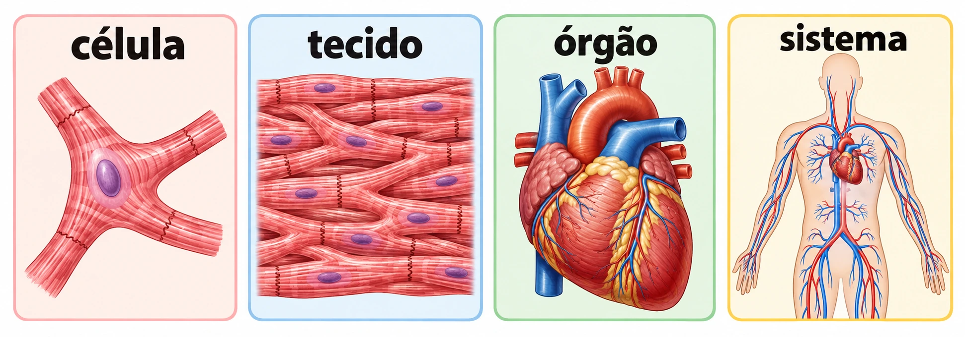 Quatro níveis de organização: célula muscular, tecido, coração e sistema circulatório humano.