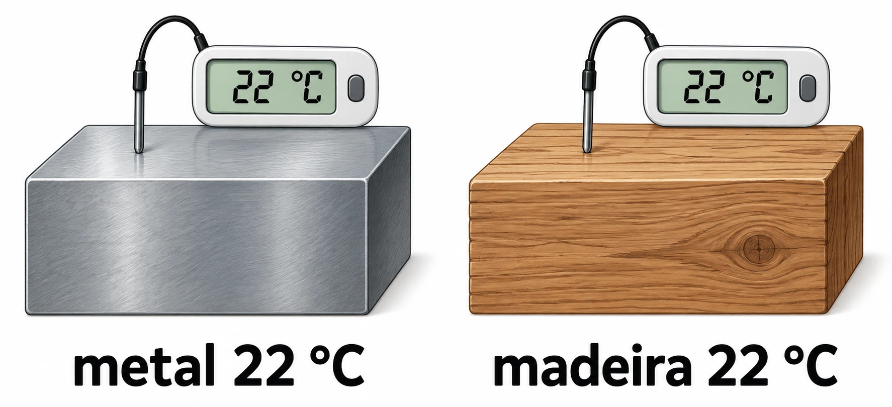 Metal e madeira com termômetros marcando a mesma temperatura de 22 °C.