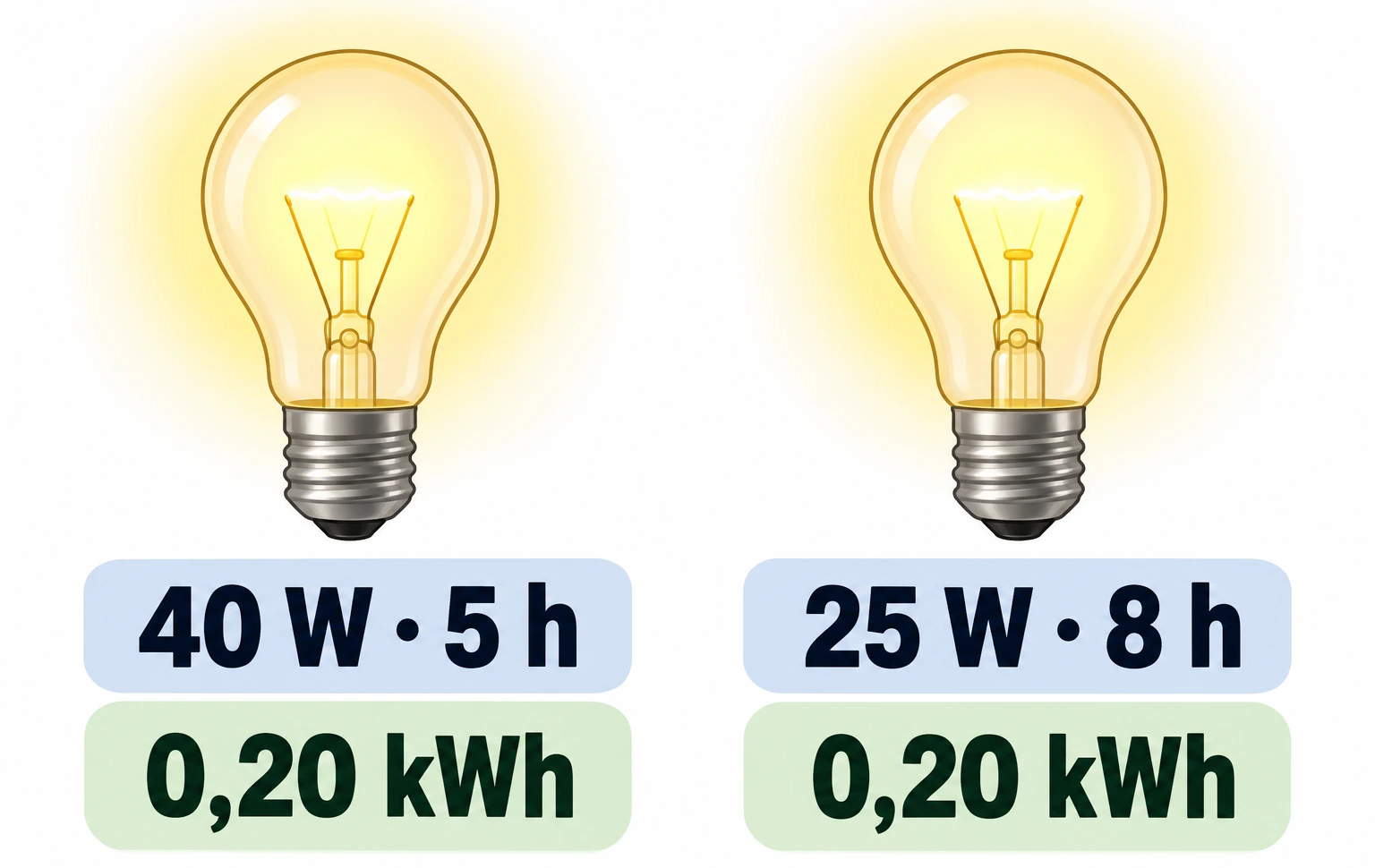Duas lâmpadas: 40 W durante 5 h e 25 W durante 8 h; ambas indicam 0,20 kWh.
