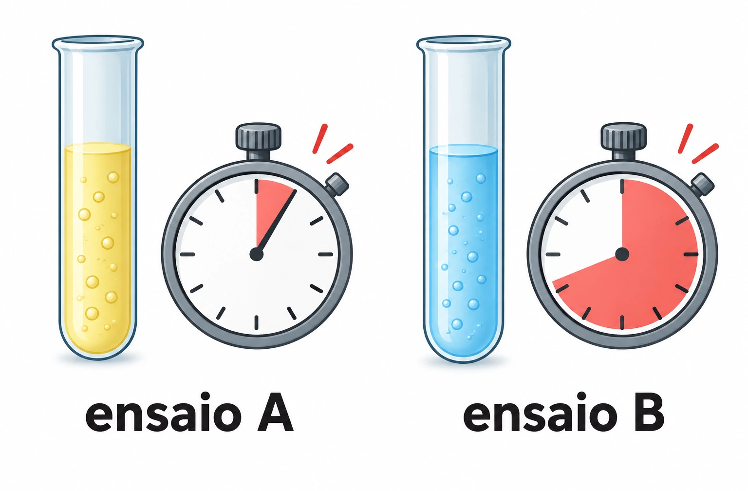 Dois tubos dos ensaios A e B, com líquidos amarelo e azul, ao lado de cronômetros que marcam intervalos diferentes.