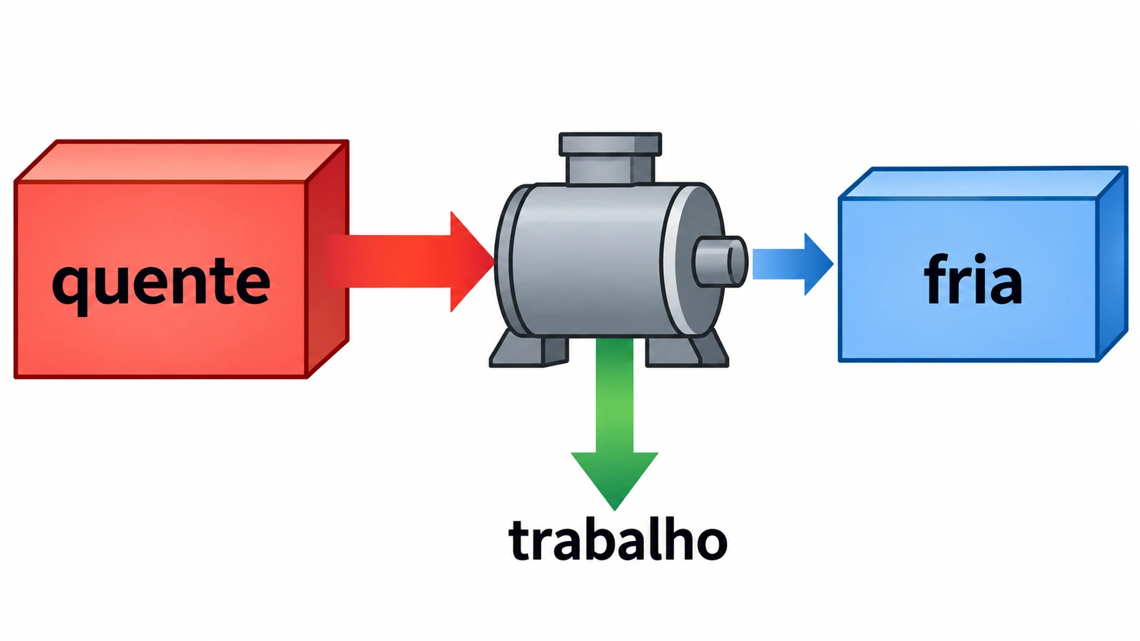 Uma máquina recebe energia de uma fonte quente, envia energia a uma fonte fria e realiza trabalho, indicado por uma seta verde.