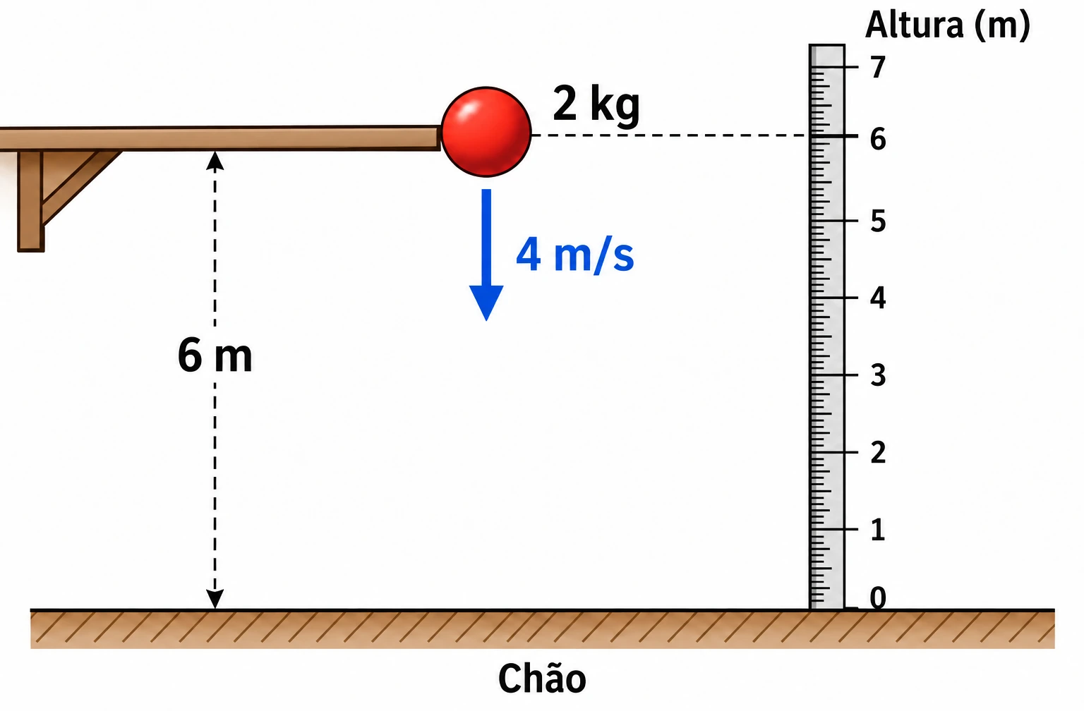Uma bola de 2 kg está a 6 m do chão, com uma seta descendente de velocidade de 4 m/s e uma escala vertical de altura.